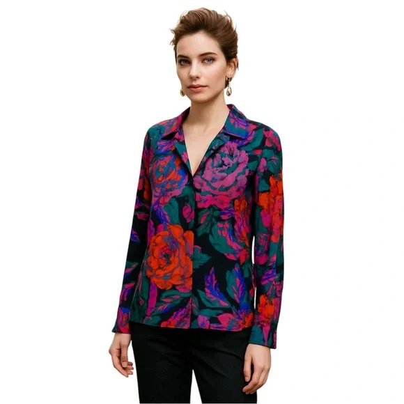 Zara Women’s L Bold Floral Print Long Sleeve Blouse 100% Viscose Artsy Boho Top - Picture 1 of 10